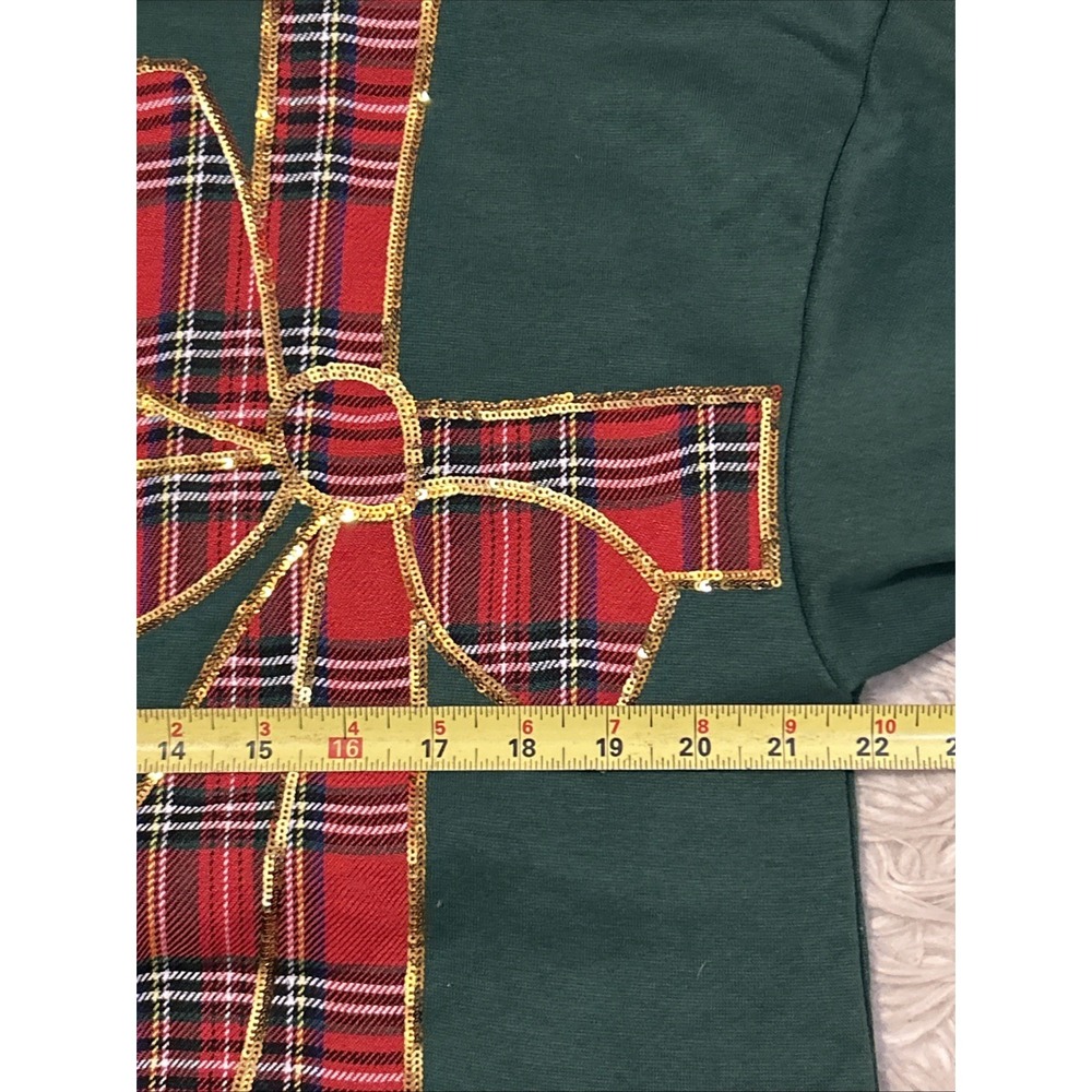 Bibi Green Red Plaid Ribbon Crewneck Pullover Christmas Gold Sequin Holiday Sz S - Picture 10 of 12